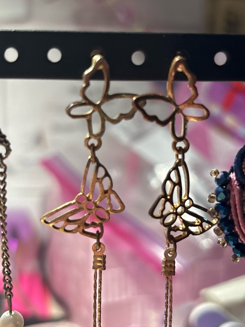 Source Unknown Gold Butterfly Drop Earrings with Dangle Chains